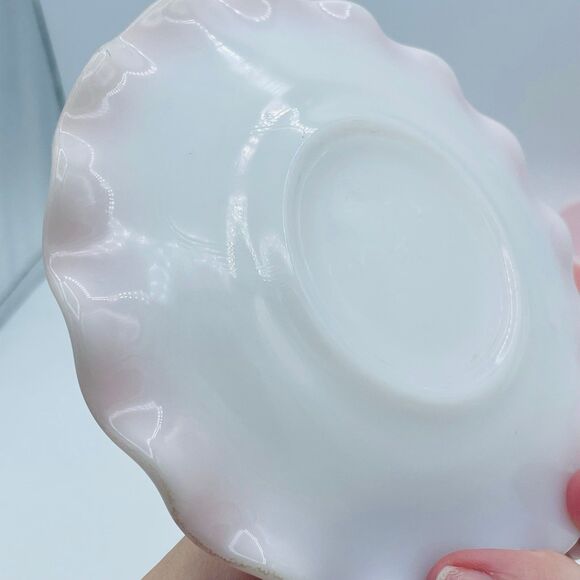 2 Vintage Hazel Atlas Ruffled Saucers Pink Ripple Crinoline Cups Milk Glass - Picture 7 of 12